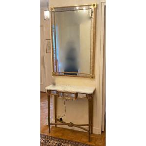 1970′ Console In Golden Wood Style Louis 16 + Mirror