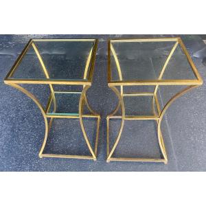 1950/70 Pair Of Pedestal Tables By Roger Thibier In Golden Wrought Iron Al 'or