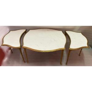 1970′ Table Tripartite Maison Charles Forme Arbaléte, Jansen Ou Baguès Décor Palmier En Bronze 