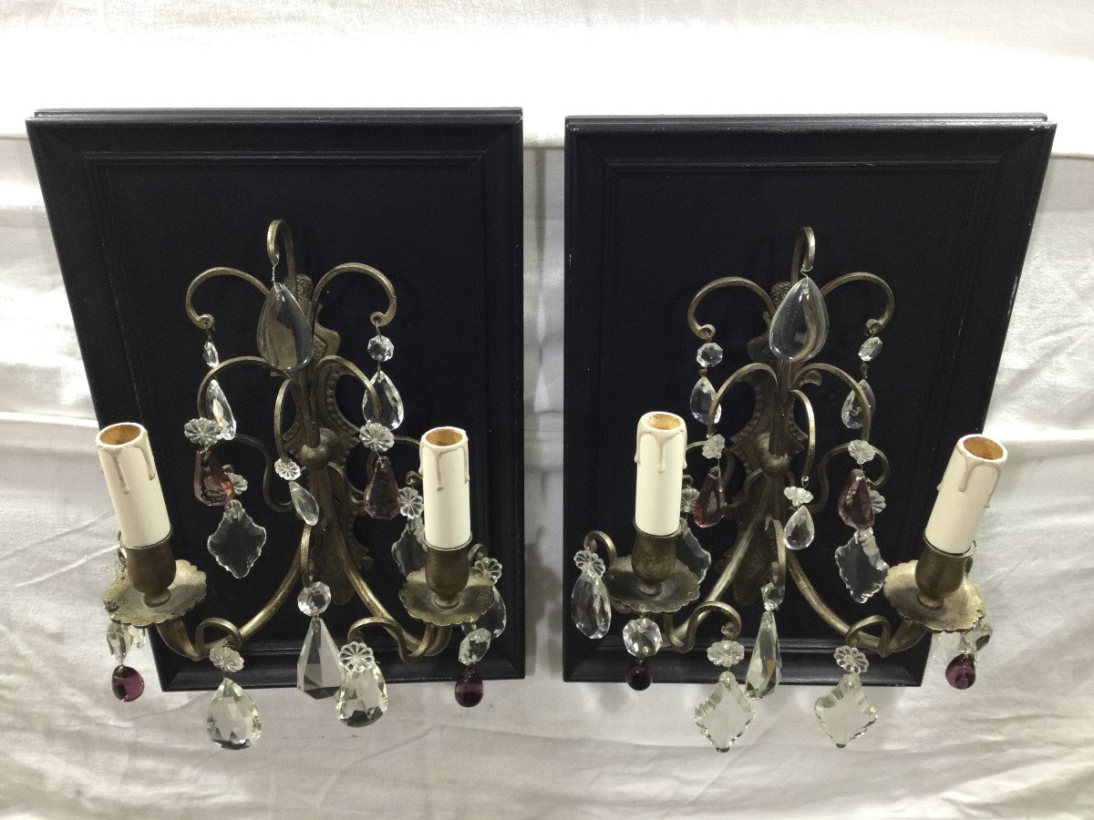 Pair Of Bronze And Crystal Sconces 2 Lights-photo-2