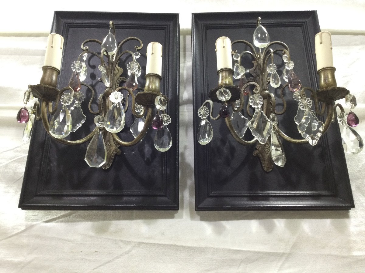 Pair Of Bronze And Crystal Sconces 2 Lights-photo-3