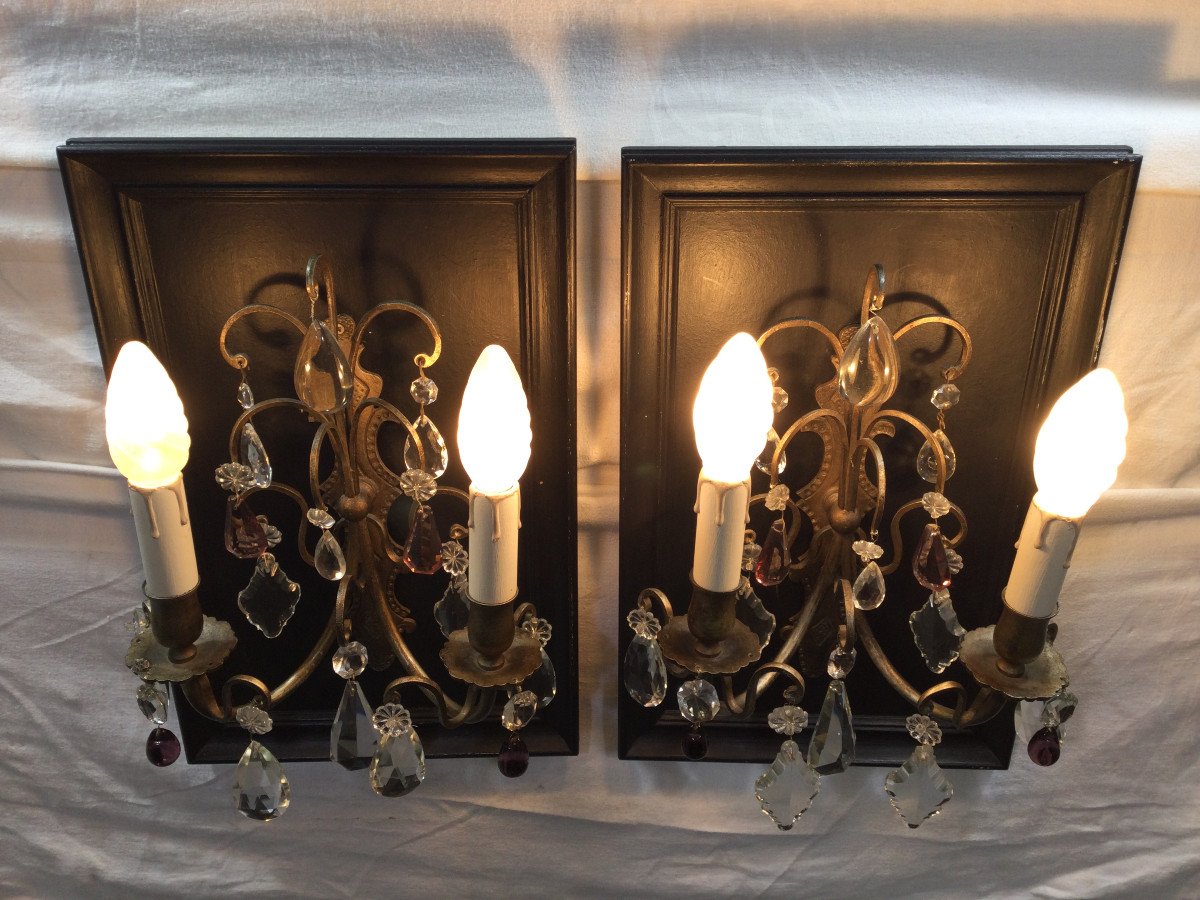 Pair Of Bronze And Crystal Sconces 2 Lights-photo-4