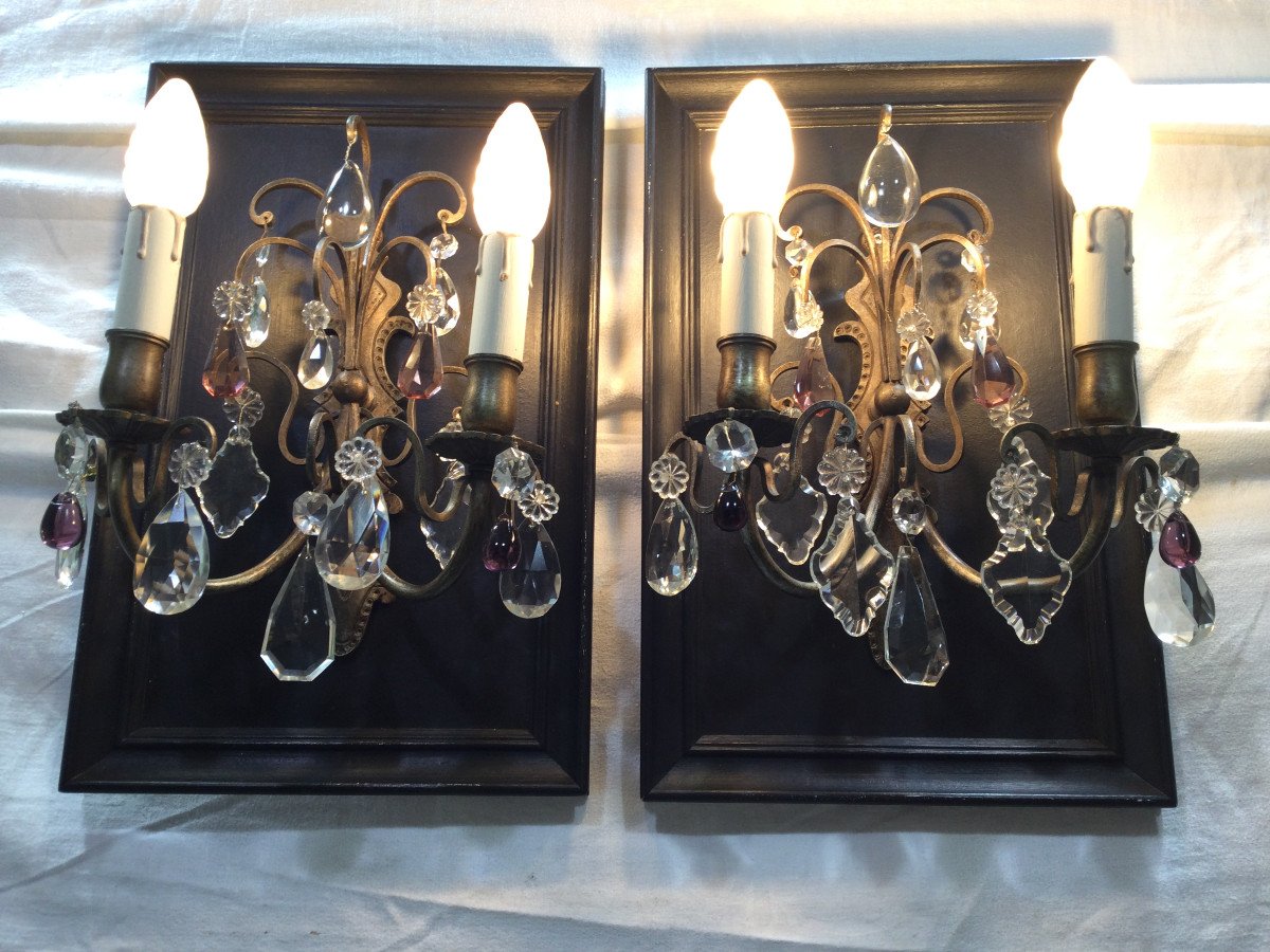 Pair Of Bronze And Crystal Sconces 2 Lights-photo-5