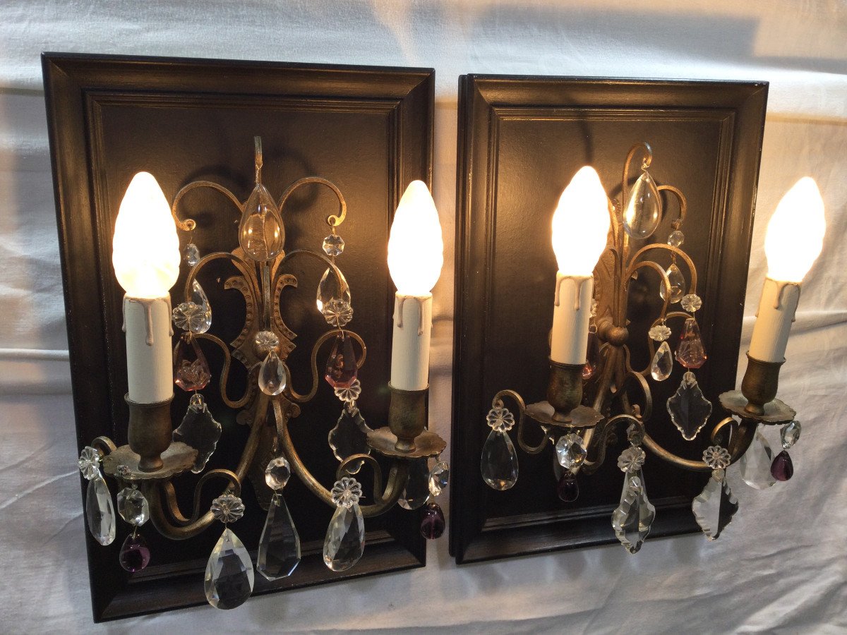 Pair Of Bronze And Crystal Sconces 2 Lights-photo-6