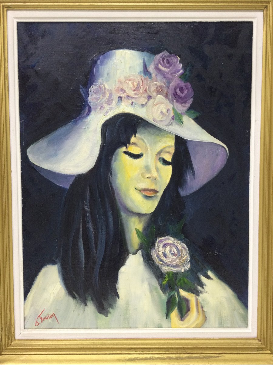 S.foulon - Huile Sur Toile Encadrée, Femme Au Chapeau-photo-2