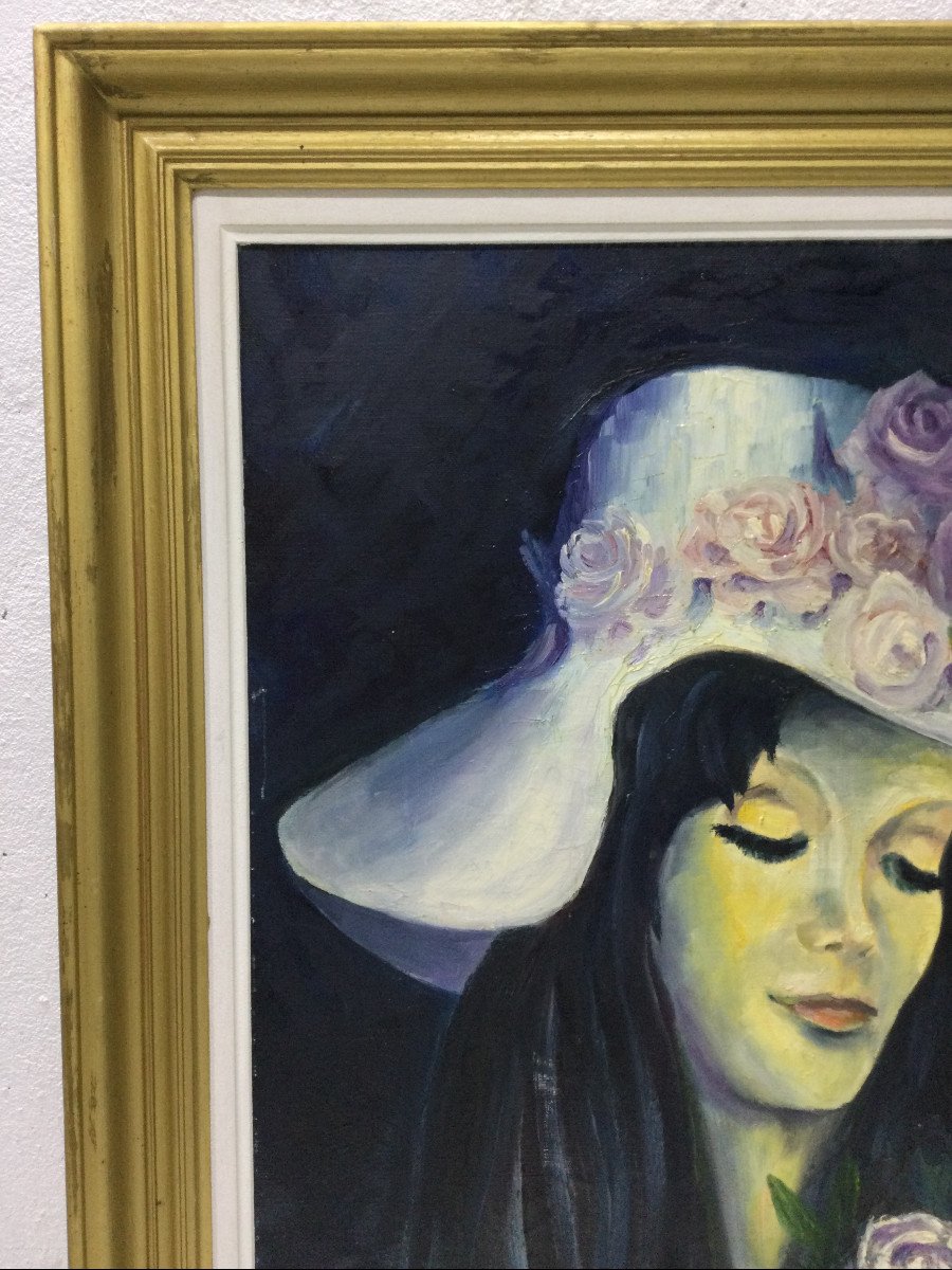 S.foulon - Huile Sur Toile Encadrée, Femme Au Chapeau-photo-4