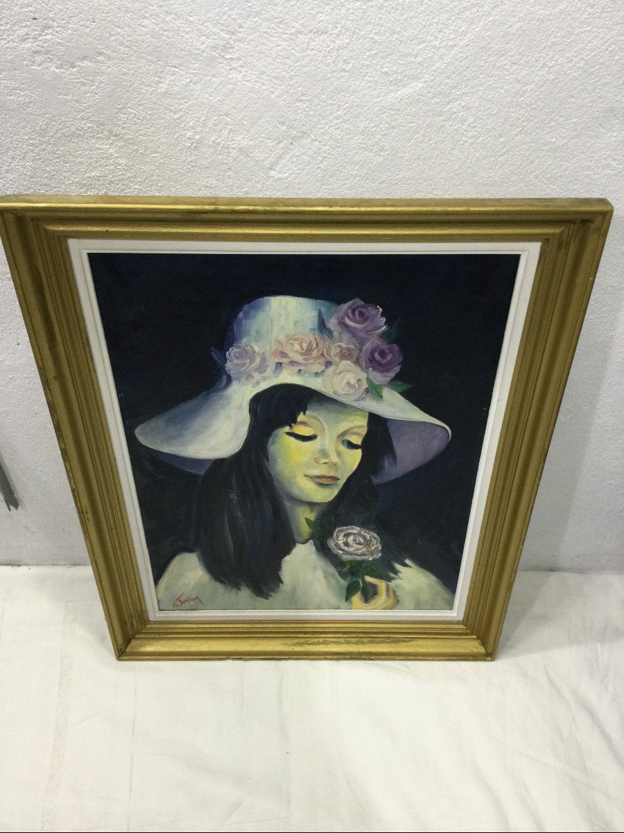 S.foulon - Oil On Framed Canvas, Woman With Hat-photo-3