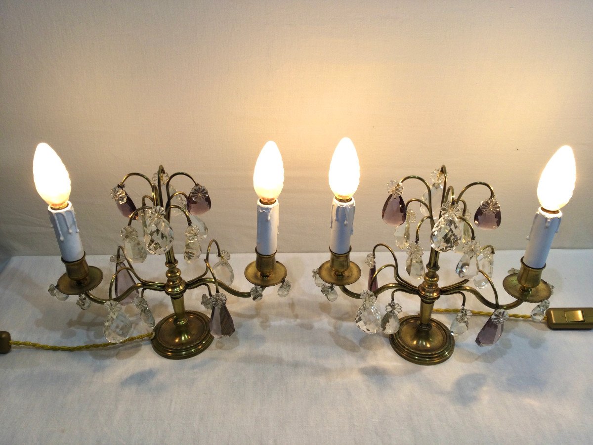 Pair Of Girandole Lamps In Bronze And Crystal-photo-2