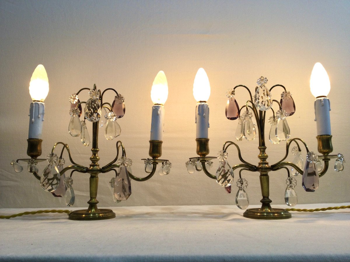 Pair Of Girandole Lamps In Bronze And Crystal-photo-3