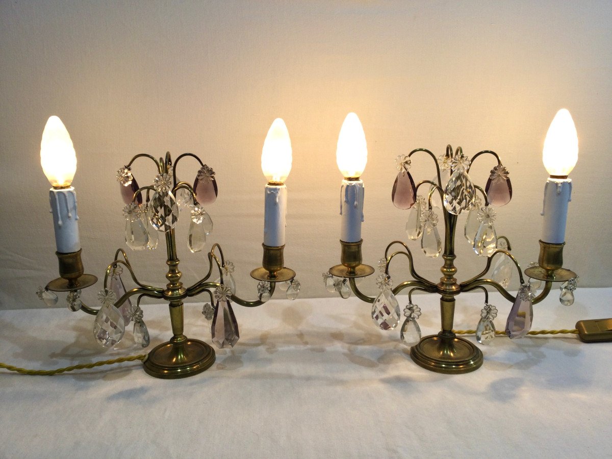 Pair Of Girandole Lamps In Bronze And Crystal