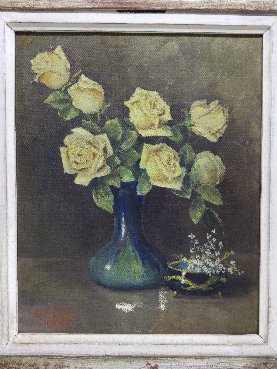 Has . Ledieu Oil On Canvas “bouquet Of Roses”-photo-8