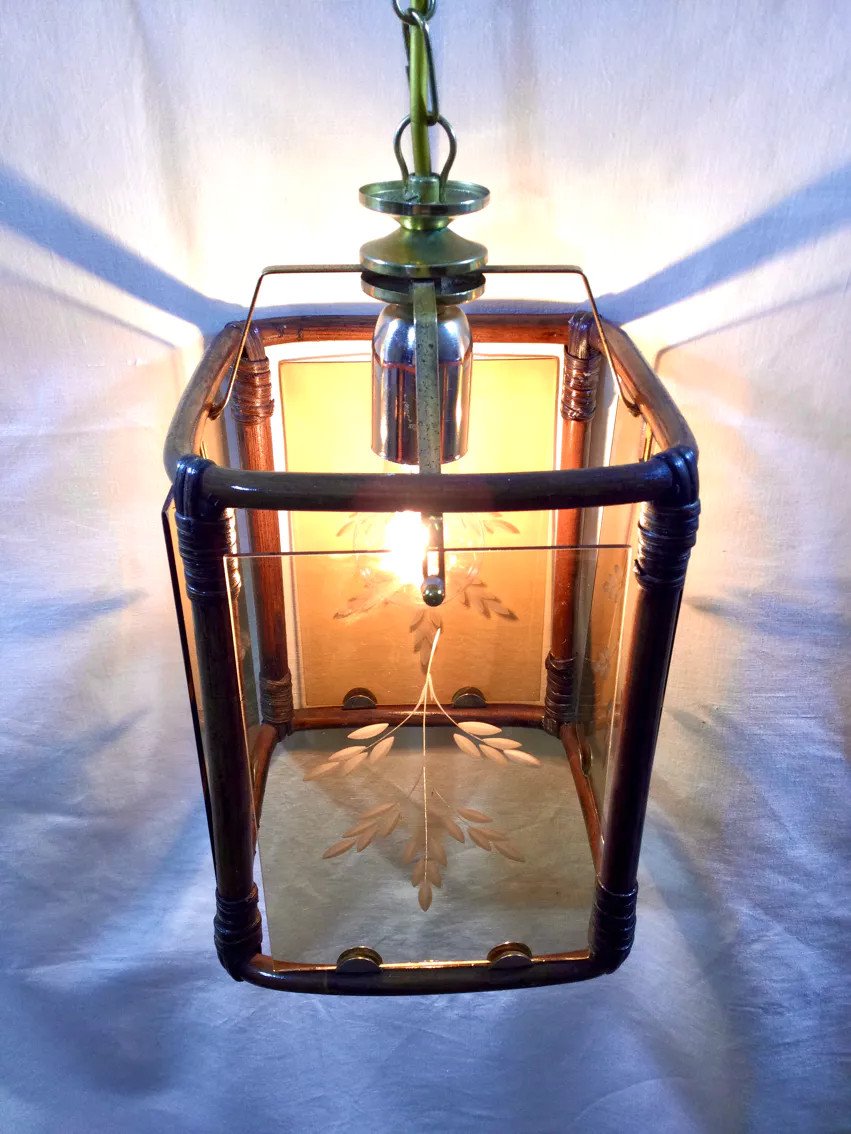 Lanterne 1 Lumière Bambou Et Verres Fumés