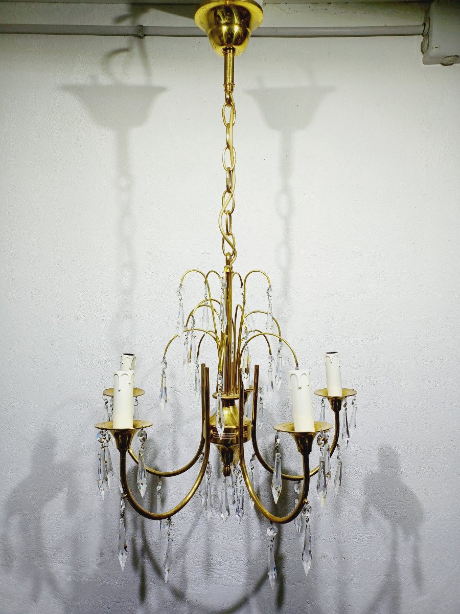 Lustre 5 Lumières En Laiton Et Cristal-photo-3
