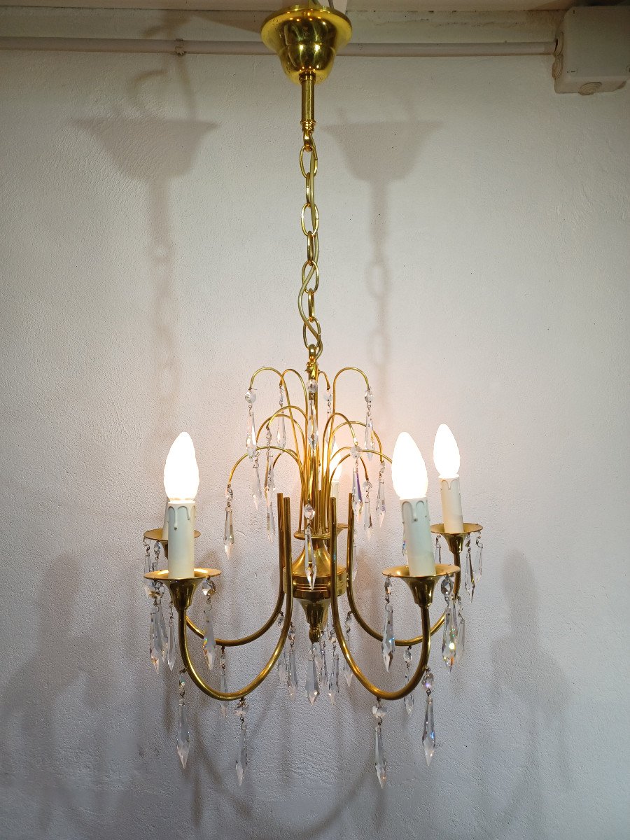Lustre 5 Lumières En Laiton Et Cristal