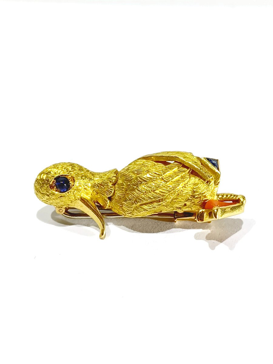 Gold, Coral And Sapphire Duck Brooch-photo-3