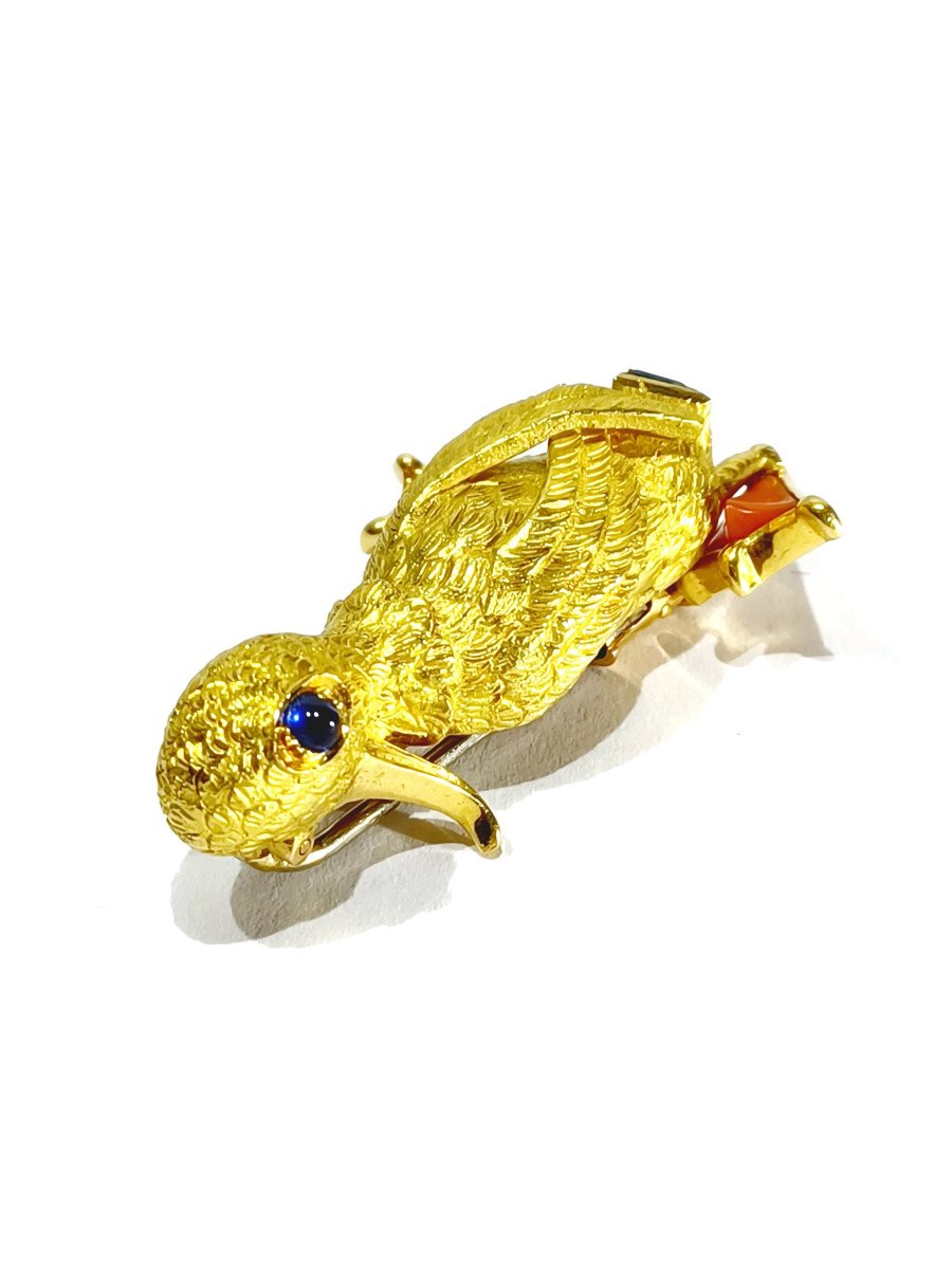 Gold, Coral And Sapphire Duck Brooch-photo-4