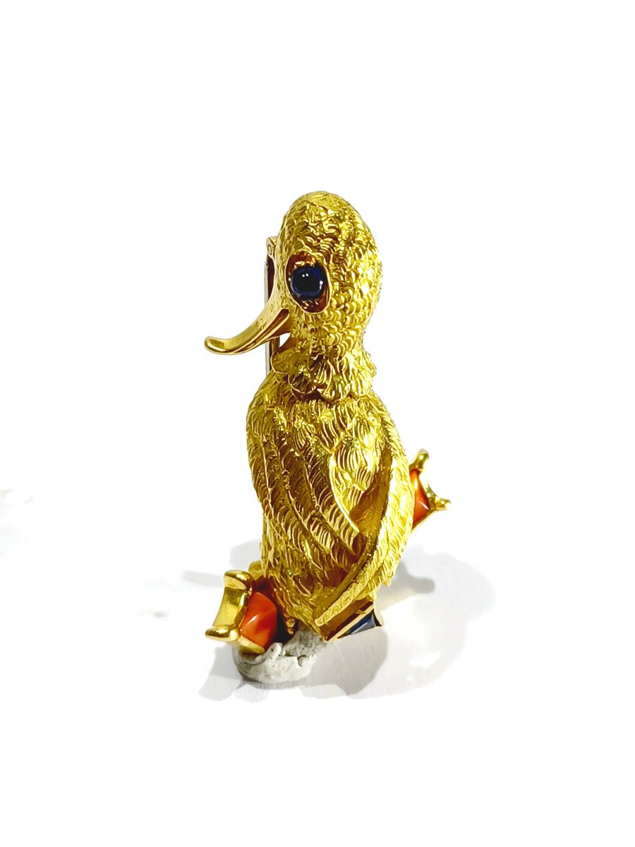 Gold, Coral And Sapphire Duck Brooch-photo-4