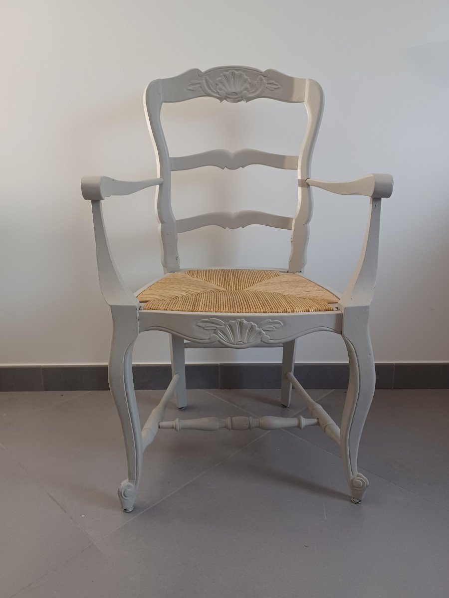 Fauteuil En Bois Peint, Assise Paille