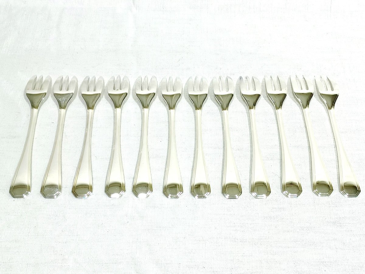 Christofle – 12 fourchettes à gâteaux en Métal Argenté Modèle América	-photo-4