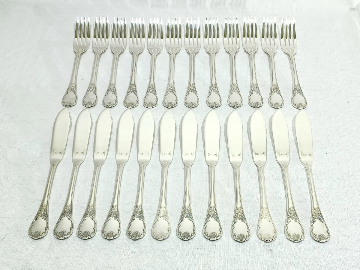 Christofle – 12 Silver-plated Fish Cutlery Sets, Marly Model