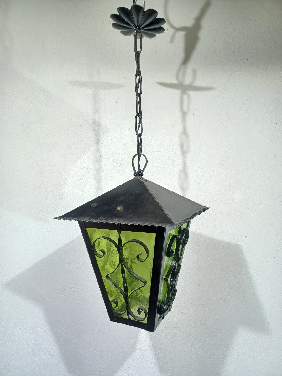 Lanterne Fer Forgé Et Verre Vert-photo-3