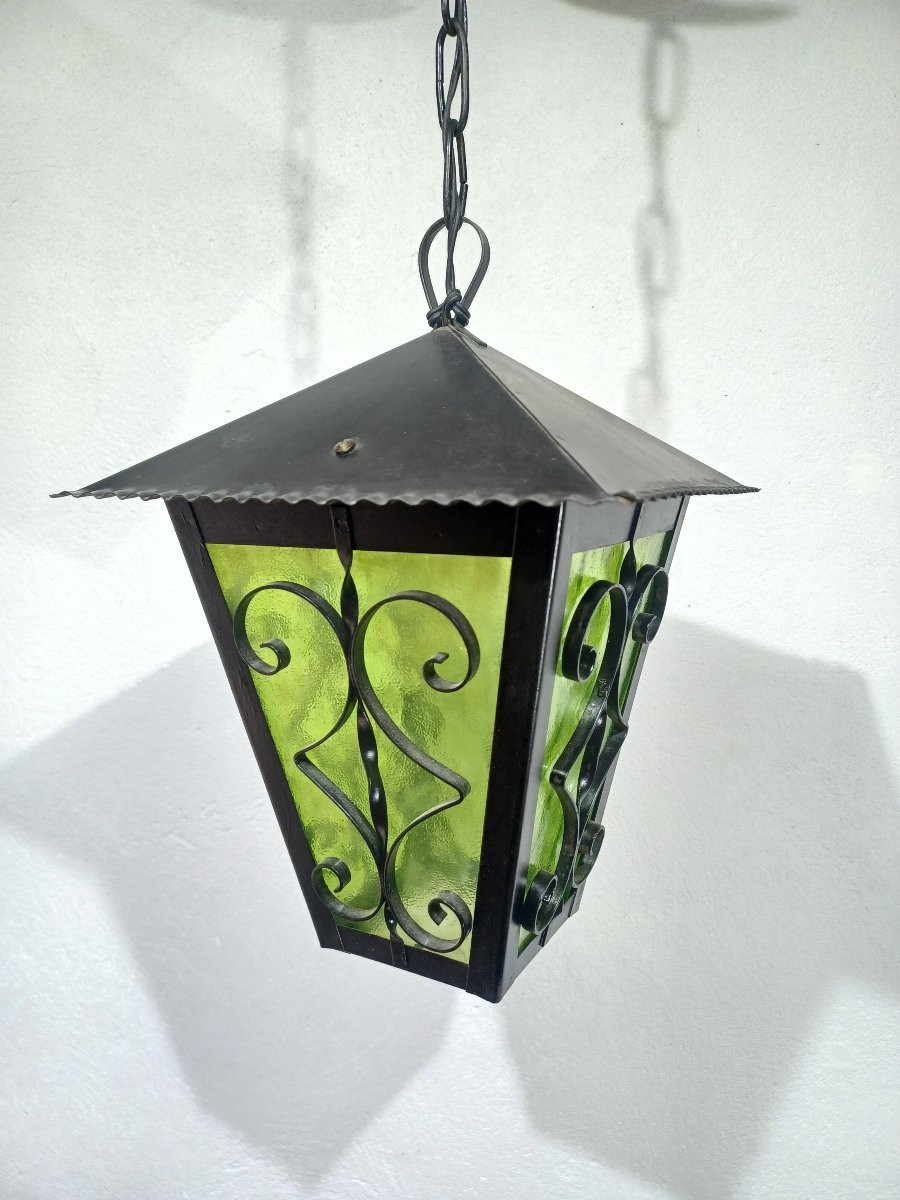 Lanterne Fer Forgé Et Verre Vert-photo-4