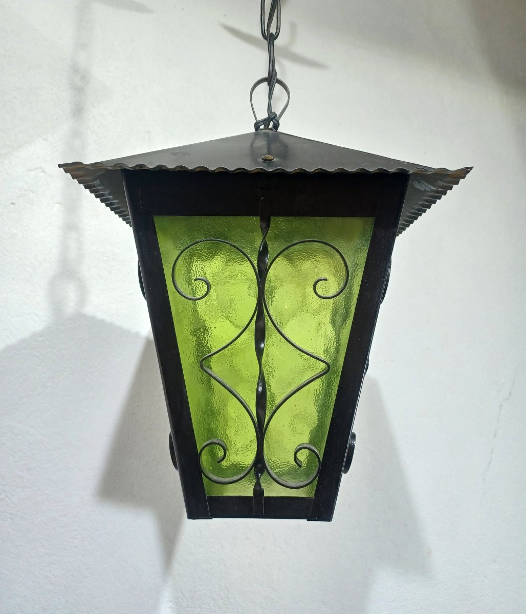 Lanterne Fer Forgé Et Verre Vert-photo-2