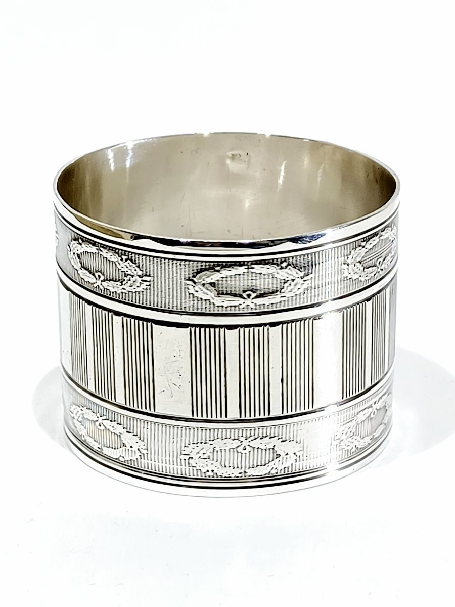 Rond de serviette en argent massif stries et laurier-photo-2