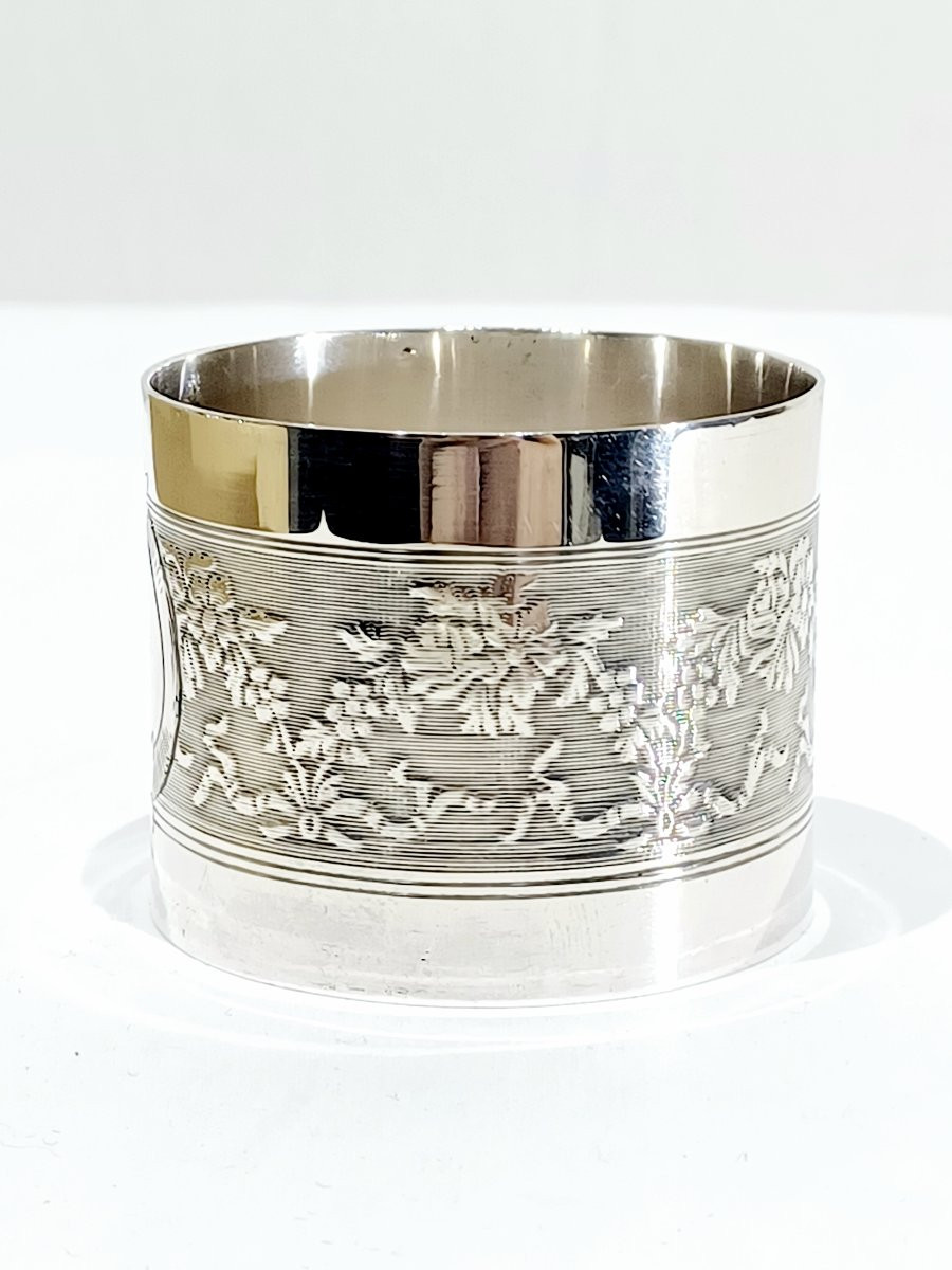 Rond serviette en argent massif cartouche vierge et fleurs-photo-1