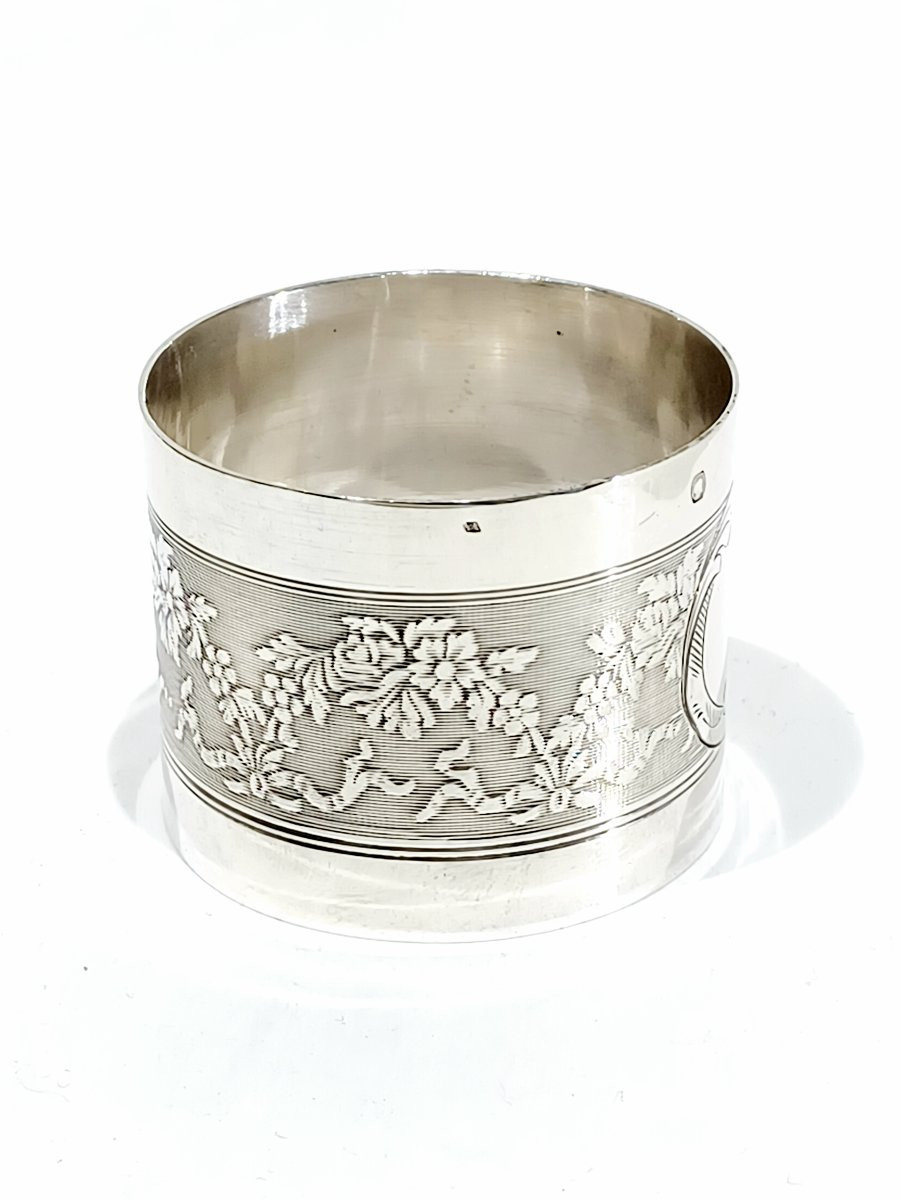 Rond serviette en argent massif cartouche vierge et fleurs-photo-3