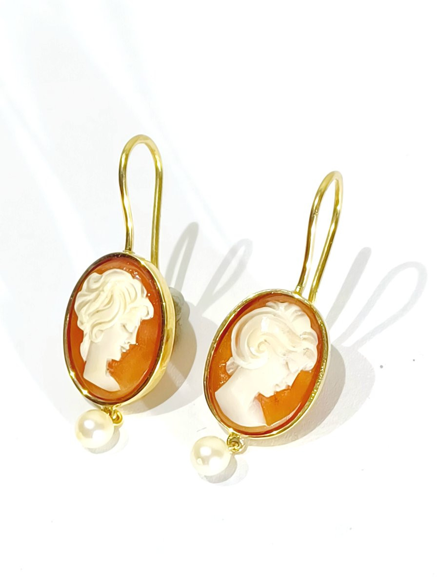 Pair Of Gold, Cameo And Pearl Earrings-photo-4