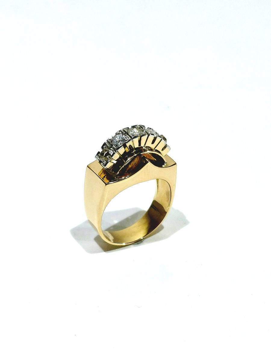 Bague Tank Art Déco Or Rose, Platine Et Diamants 