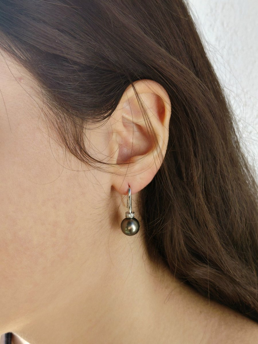 Paire de boucle d’oreilles or blanc perles et diamants-photo-2
