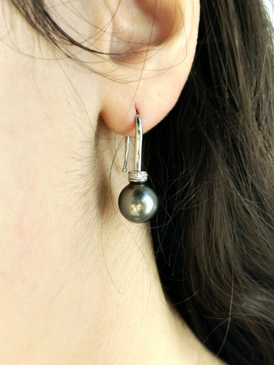 Paire de boucle d’oreilles or blanc perles et diamants-photo-2
