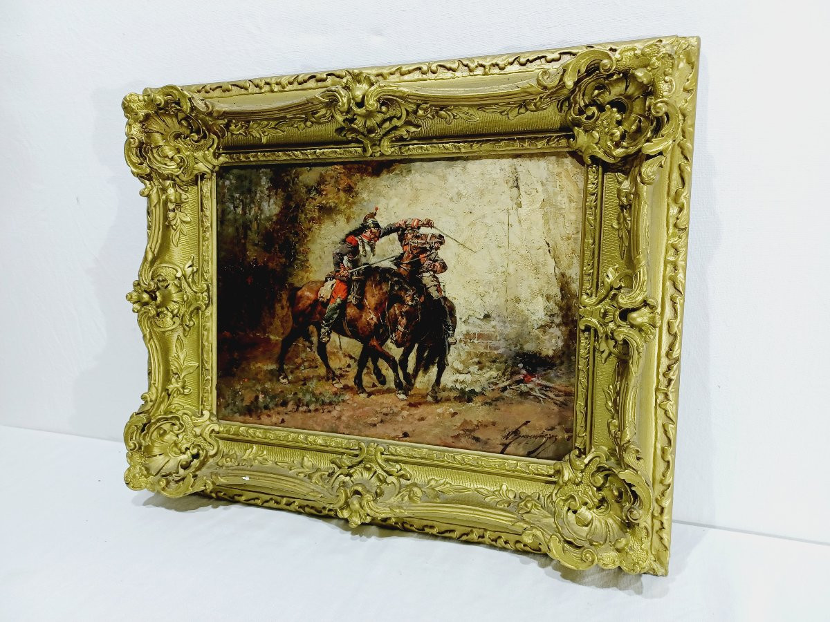 Wilfrid Constant Beauquesne -  Huile Sur Toile « Combat de cavaliers »-photo-2