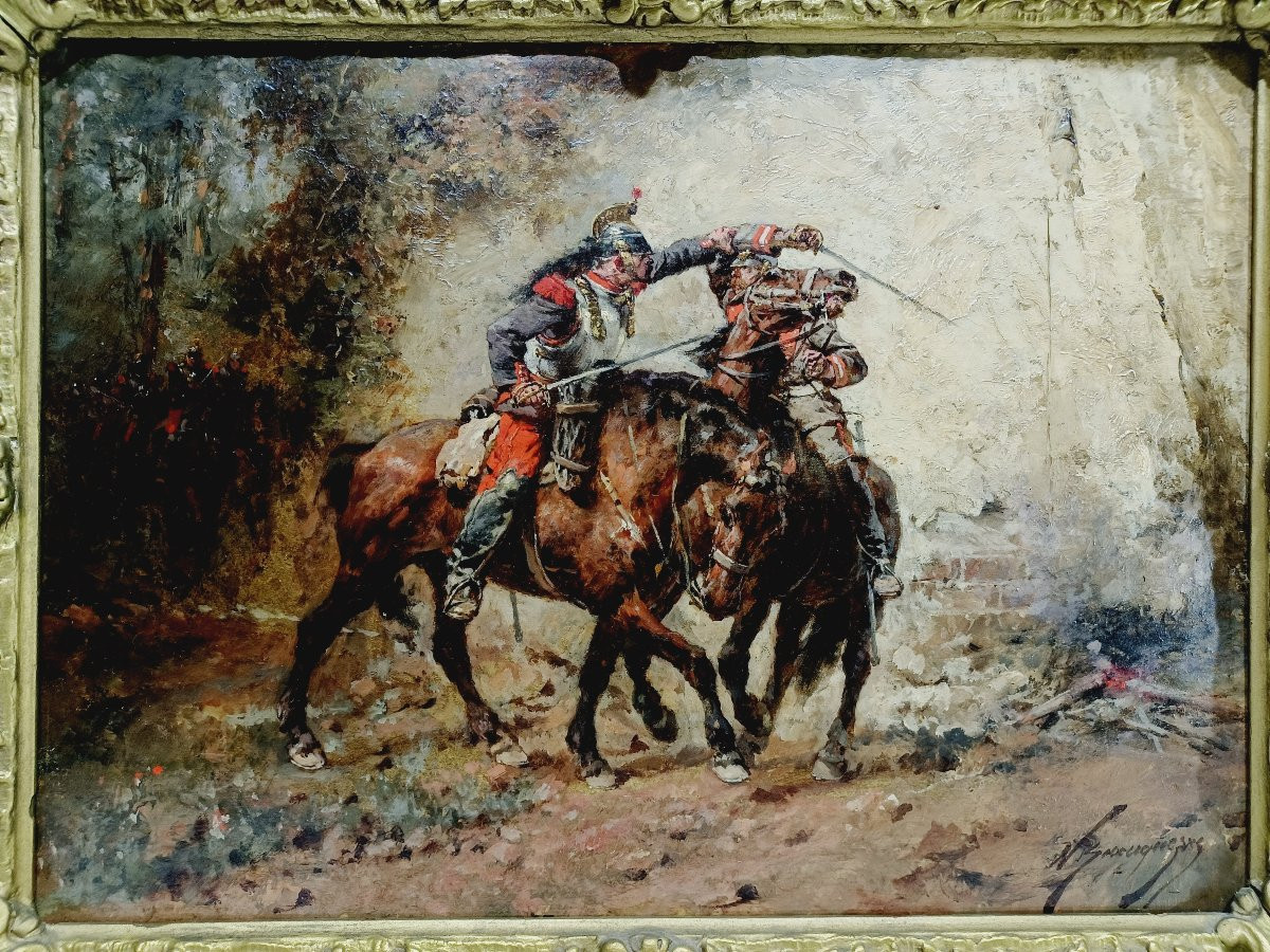 Wilfrid Constant Beauquesne -  Huile Sur Toile « Combat de cavaliers »-photo-3