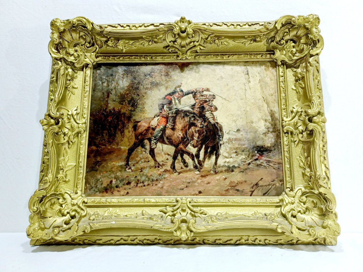 Wilfrid Constant Beauquesne -  Huile Sur Toile « Combat de cavaliers »-photo-4
