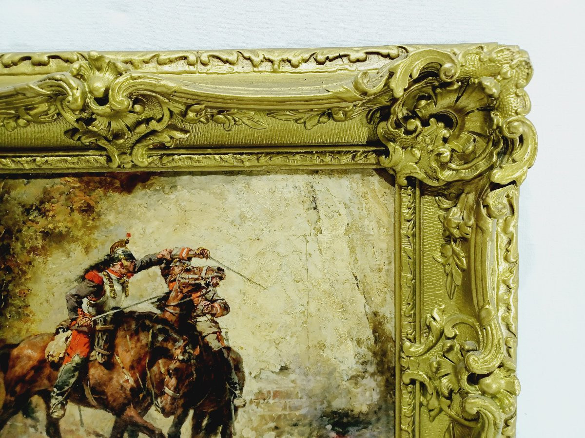 Wilfrid Constant Beauquesne -  Huile Sur Toile « Combat de cavaliers »-photo-2