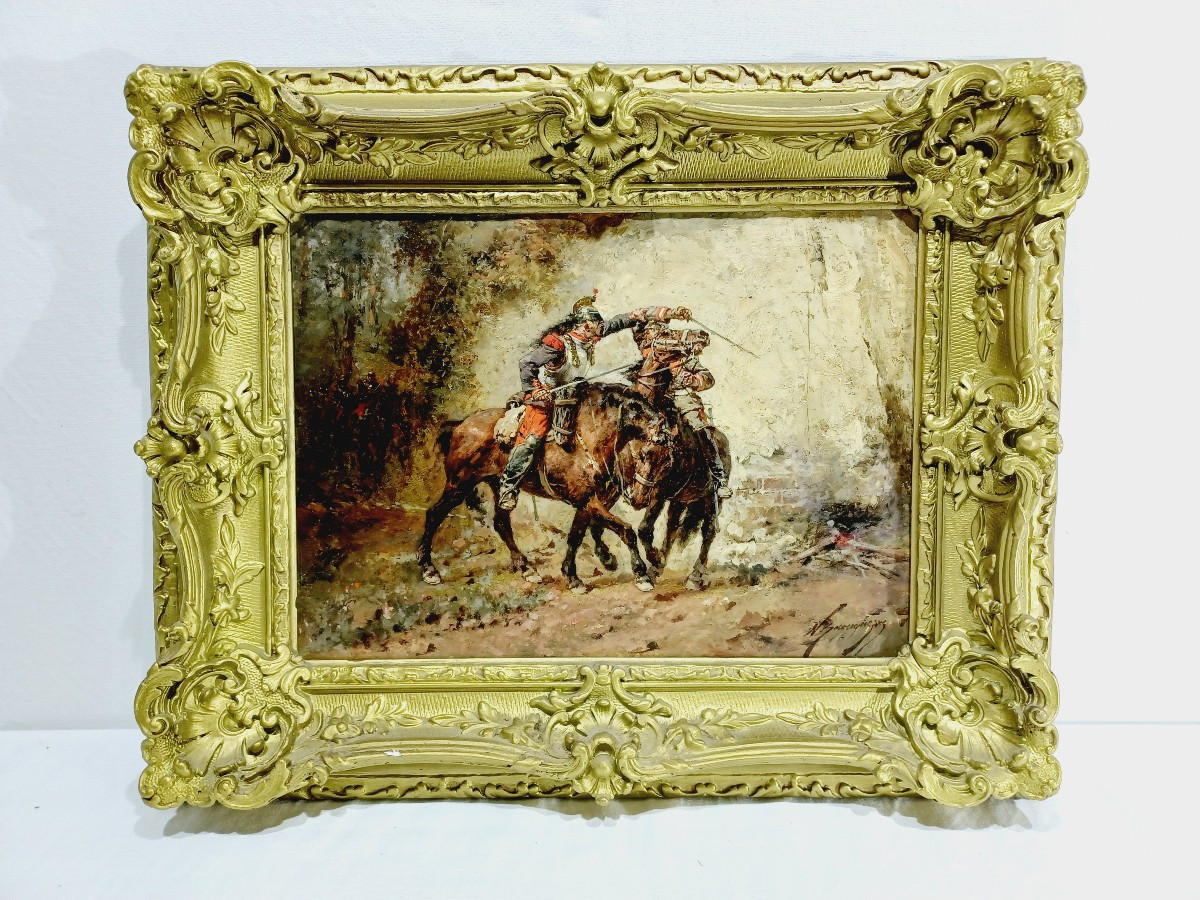 Wilfrid Constant Beauquesne -  Huile Sur Toile « Combat de cavaliers »