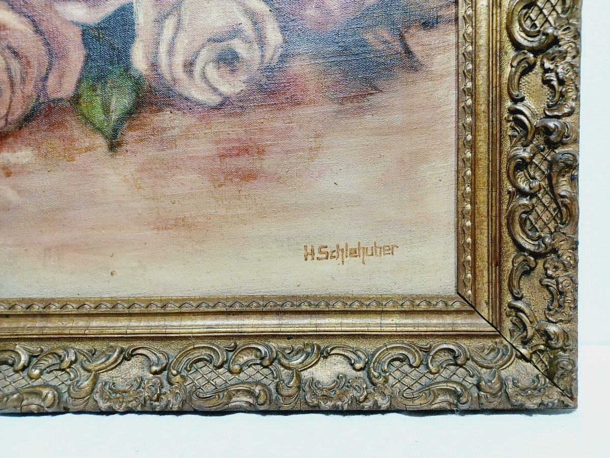 H. Schlehuher -  Huile Sur Toile « Bouquet de roses »-photo-4