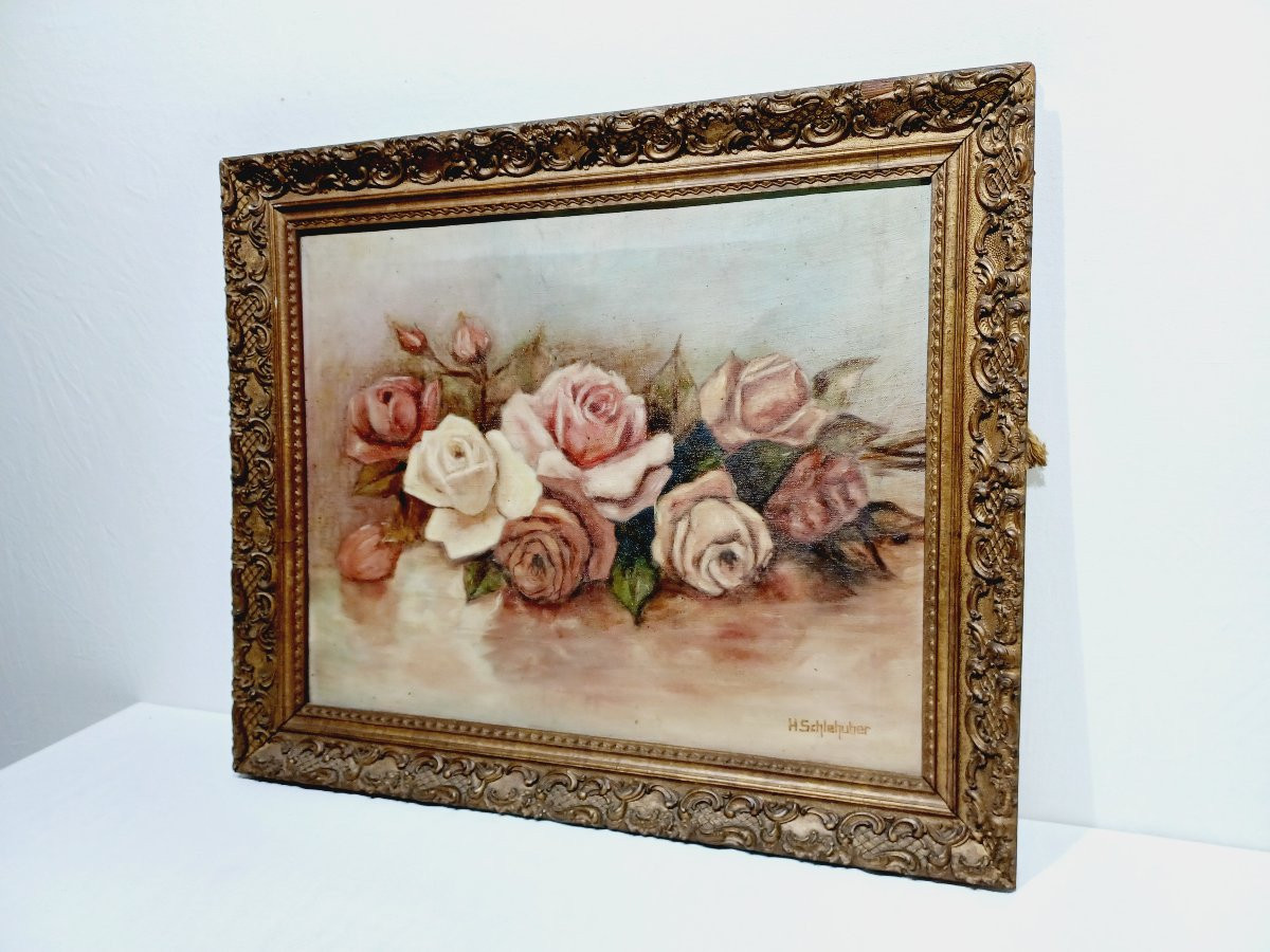 H. Schlehuher -  Huile Sur Toile « Bouquet de roses »-photo-3
