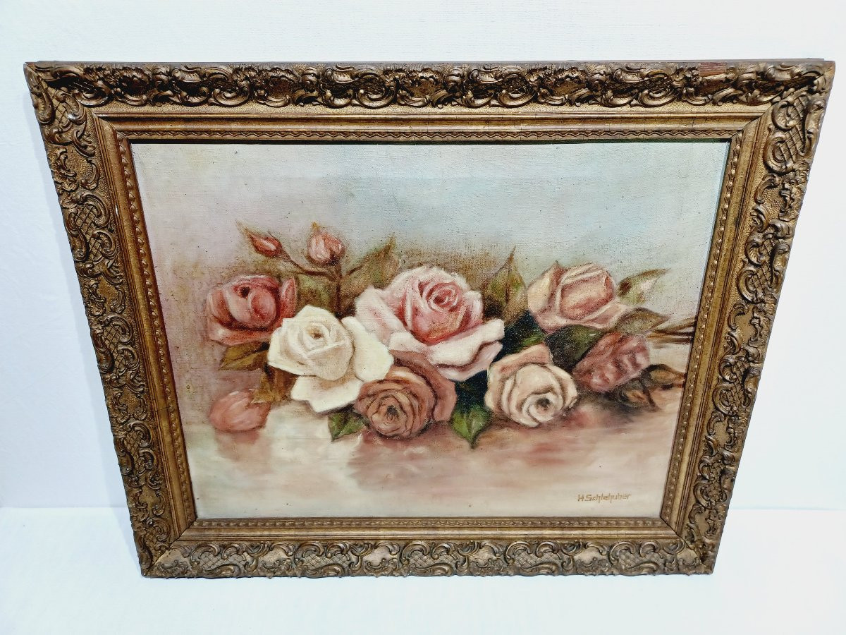 H. Schlehuher -  Huile Sur Toile « Bouquet de roses »-photo-4