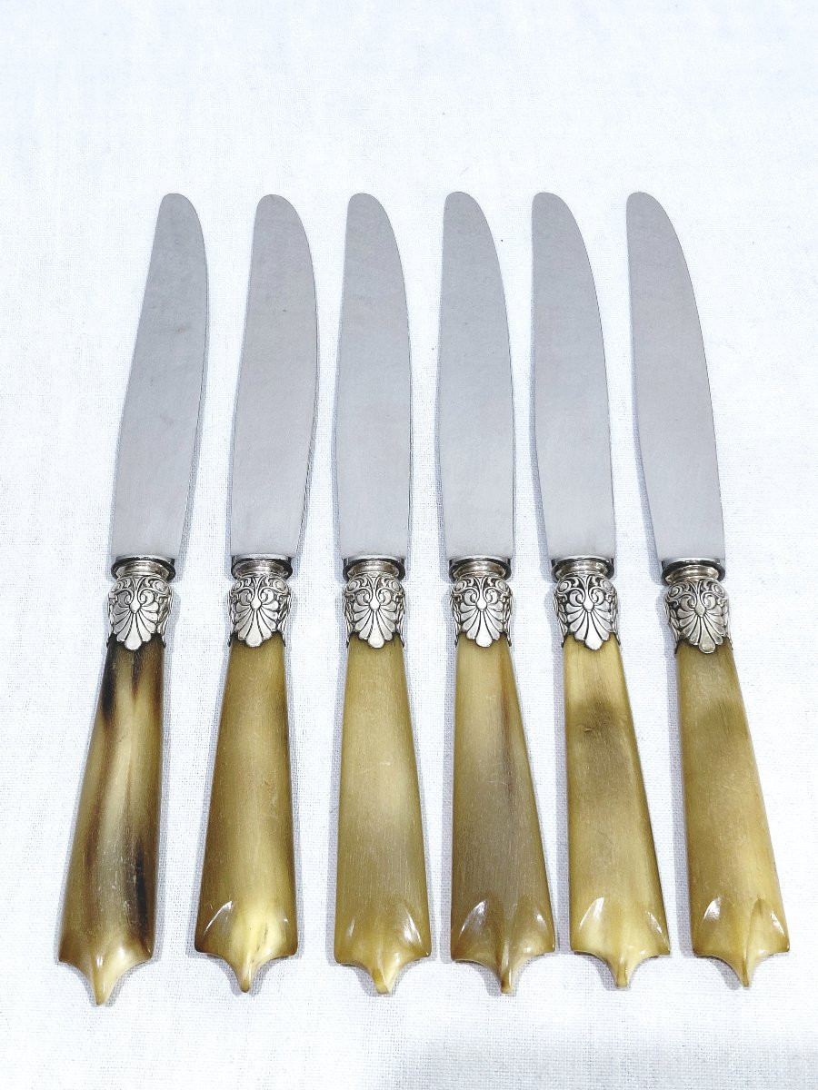 6 GRANDS COUTEAUX ET 6 PETITS COUTEAUX, MANCHES EN CORNES-photo-2