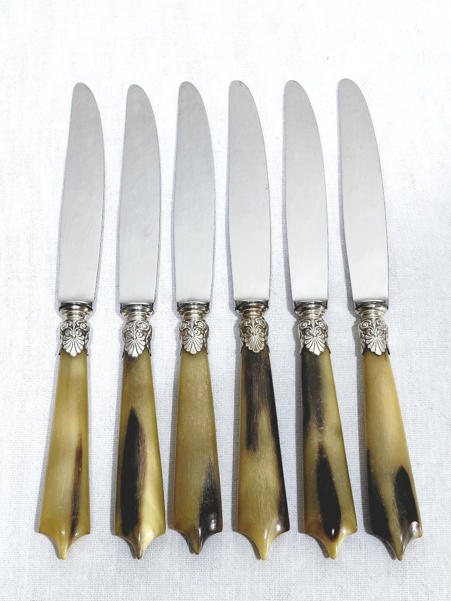 6 GRANDS COUTEAUX ET 6 PETITS COUTEAUX, MANCHES EN CORNES-photo-1