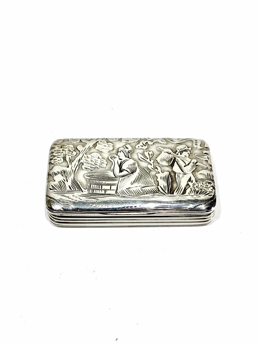 Tabatière En Argent Scène Champêtre