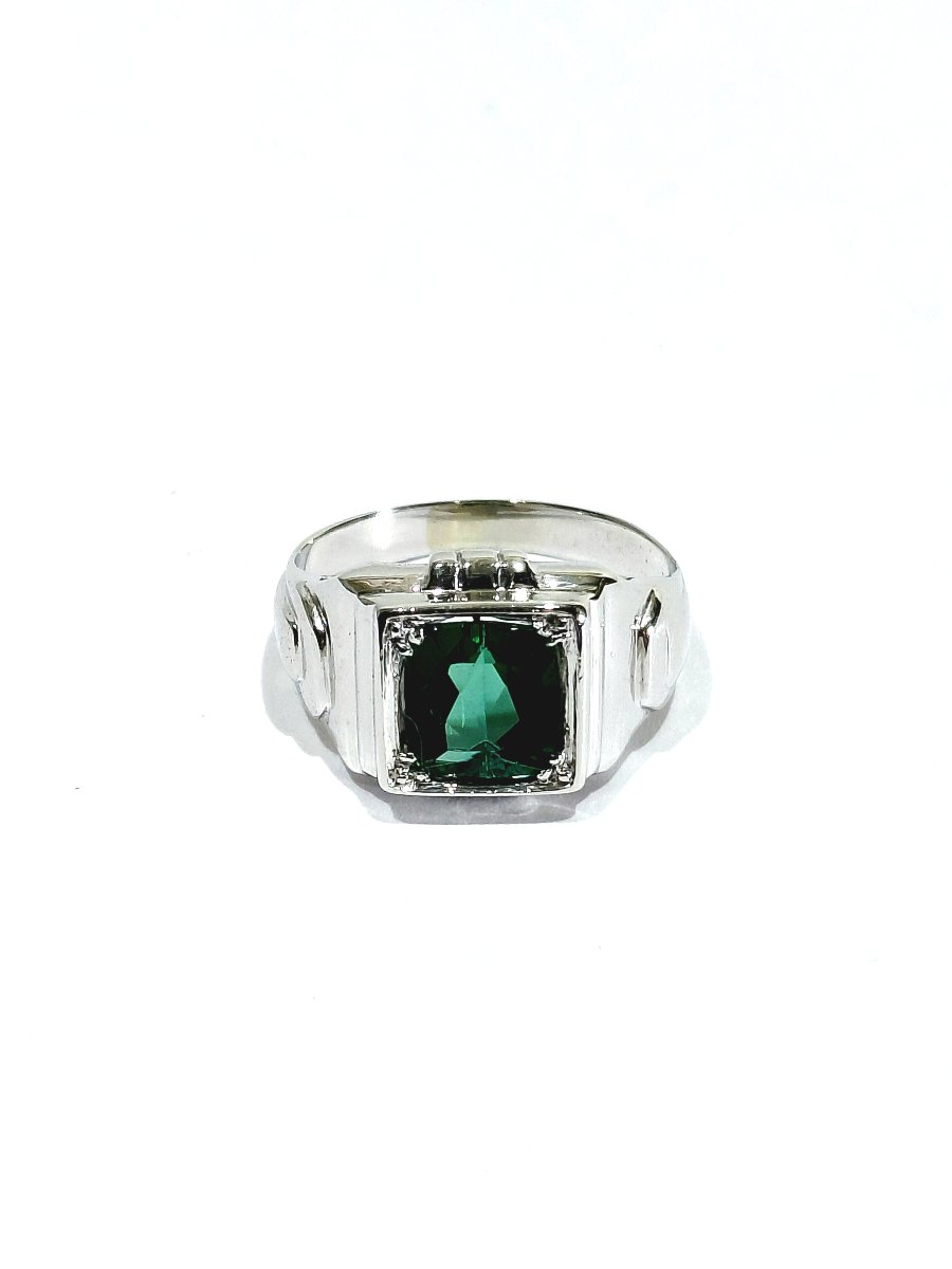 Bague Art Déco en Or Blanc Et Tourmaline Verte -photo-3
