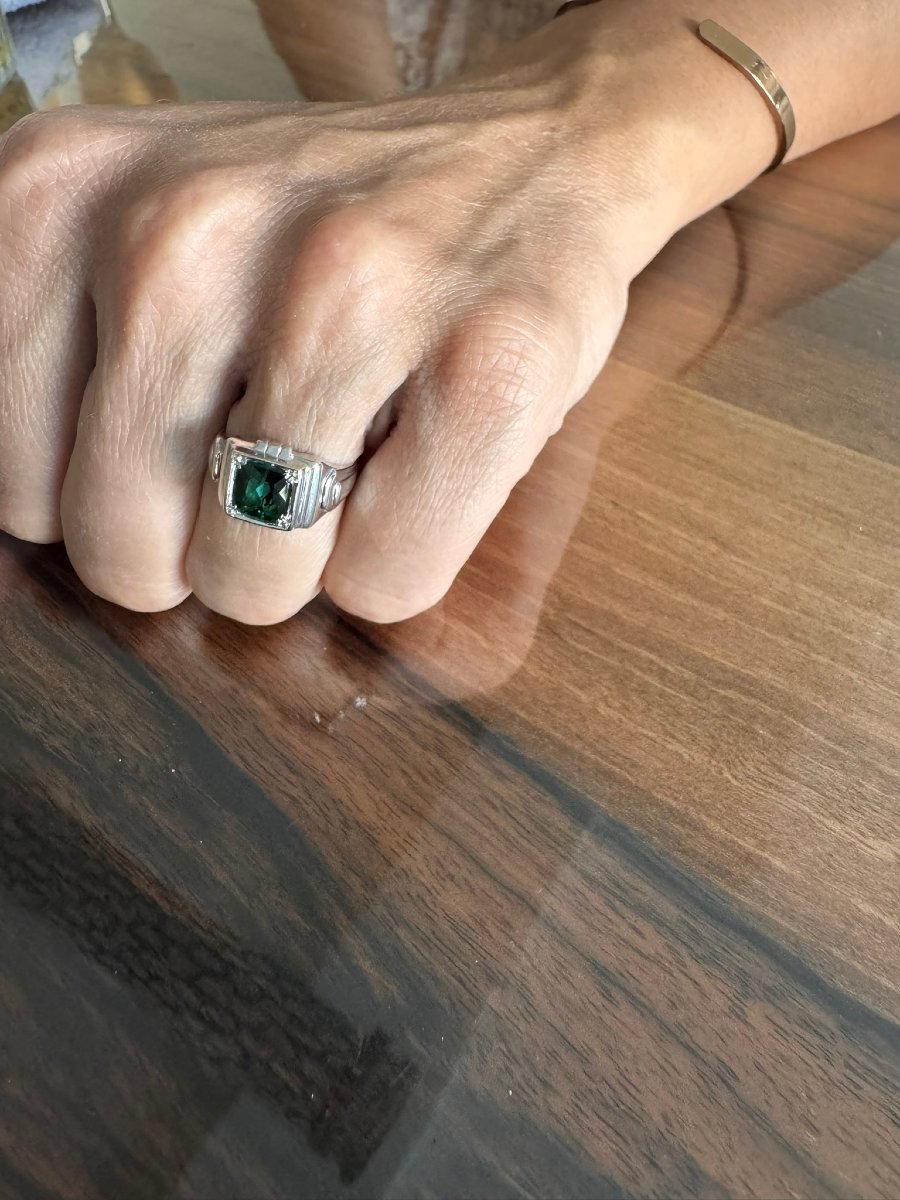 Bague Art Déco en Or Blanc Et Tourmaline Verte -photo-6