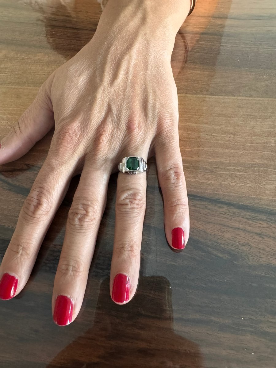 Bague Art Déco en Or Blanc Et Tourmaline Verte -photo-7