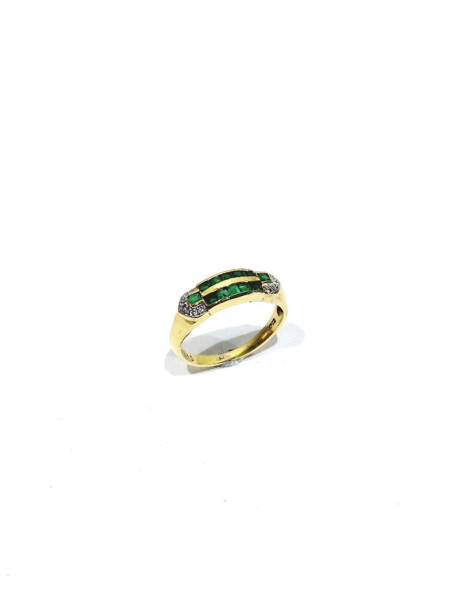 Bague Or Jaune, Diamants Et Émeraudes -photo-2