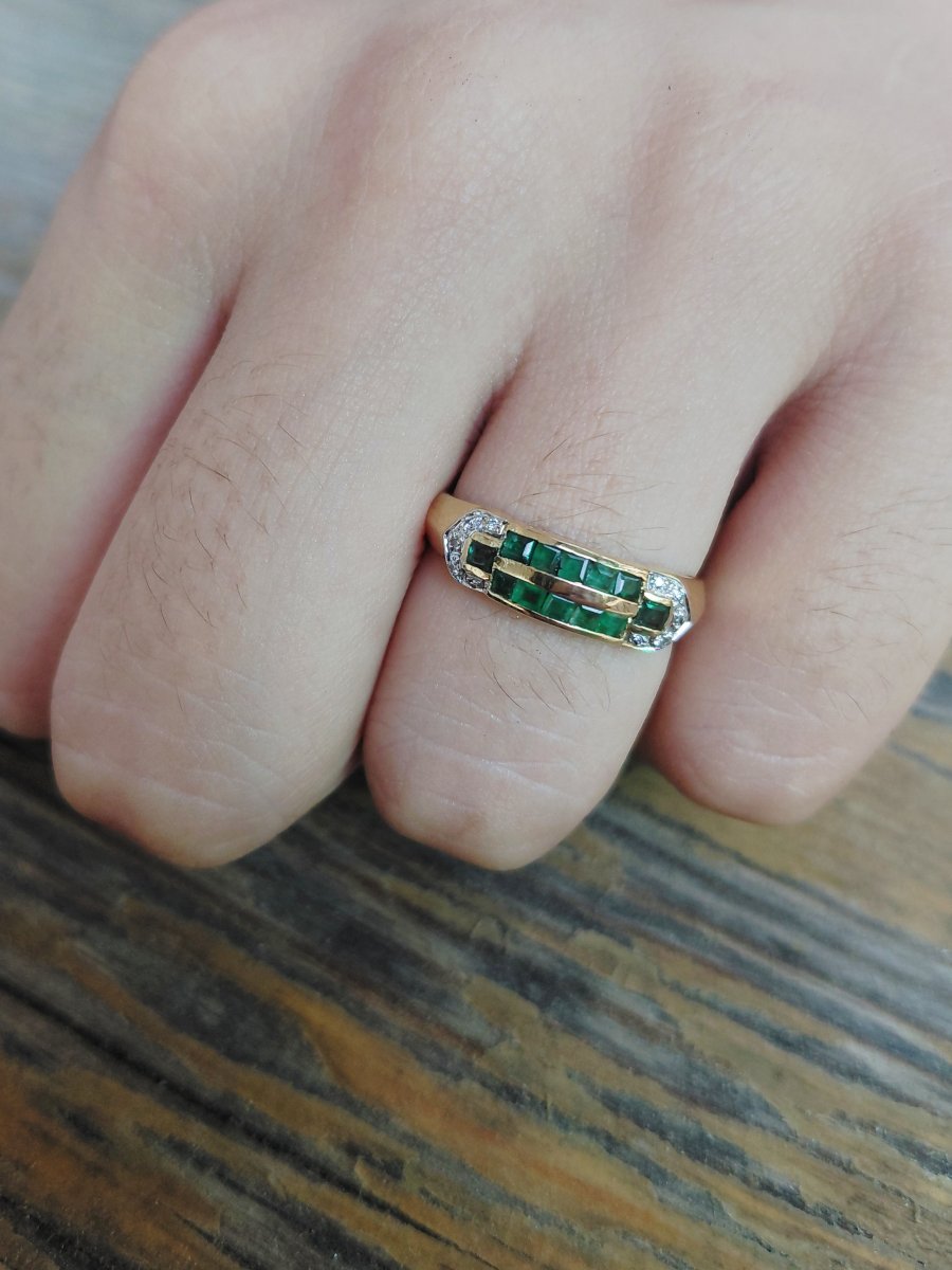 Bague Or Jaune, Diamants Et Émeraudes -photo-7